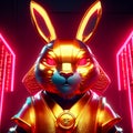 3D rendering of a golden hare in a neon light. Generative AI