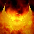 3D Rendering of a Golden Heart with Angel Wings Burnt in Fire Flame Royalty Free Stock Photo