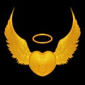 3D Rendering of a Golden Heart with Angel Wings Isolated on Black