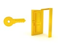 3D Rendering of golden key opening golden door