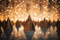 3d rendering of a golden pyramid with lights in the background