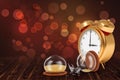 3d rendering of a golden retro alarm clock stands near a broken hourglass with sand still inside.