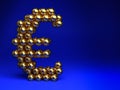 Golden Soccer balls forming a Euro sign. Big Business in sports, football, soccer. Blue Background