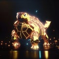 3D rendering of a golden turtle on a dark background with lights Generative AI