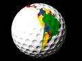 3d rendering of a golf ball with the world map isolated on a black background. Royalty Free Stock Photo