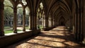 3D rendering of a gothic medieval cloisters and courtyard