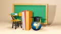 3D Rendering of Graduation Cap Books blackboard and school desk on light orange background. Realistic 3d shapes. Education