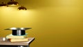 3D Rendering of Graduation Cap  books on school desk on yellow background. Realistic 3d shapes. Education concept. Come back to Royalty Free Stock Photo