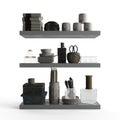 3d rendering of gray shelves presenting a variety of plates, glasses and cups.