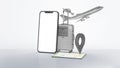 3D rendering of a gray suitcase, phone, map, and airplane, a concept of traveling