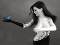 3D rendering of grayscale woman with blue butterfly