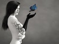 3D rendering of grayscale woman with blue butterfly