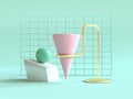 3d render green background geometric shape abstract still life scene pink green gold