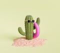 Cactus with Sunglasses and Swim Ring on Sand