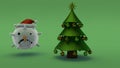 3d rendering of a green Christmas tree made of primitives on a green background and a snowman`s snow head in a red cap in the for