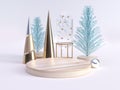 3d rendering green clear abstract tree gold cone decoration winter new year concept blank wood circle