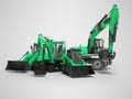 3d rendering green construction equipment concept on gray background with shadow