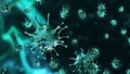 3D rendering, green coronavirus cells covid-19 influenza flowing on color plexus gradient background as dangerous flu strain cases