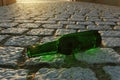 3d rendering of green empty beer bottle with the last drop laying on cobblestone street Royalty Free Stock Photo