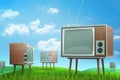 3d rendering of green field with many old TV sets under beautiful blue sky.