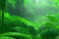 3d rendering of a green forest with raindrops falling on the leaves