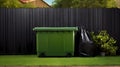 3D rendering of a green garbage bin in front of a wooden fence, Generative AI illustration