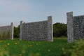 3d rendering of green garden with gabion wall and stone palisade