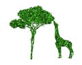 3D rendering of a green glitter giraffe near a tree isolated on white background