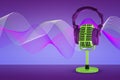 3d rendering of green retro microphone stands with a modern headset lying on it on a purple background with colorful