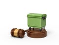 3d rendering of green trash bin on round wooden block and brown wooden gavel