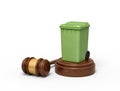 3d rendering of green trash bin on round wooden block and brown wooden gavel