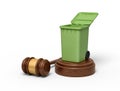 3d rendering of open green trash bin on round wooden block and brown wooden gavel