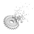3d rendering of grey gear wheel shattering into small pieces isolated on white background Royalty Free Stock Photo