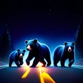 3D rendering of a group of bears crossing the road at night generative AI