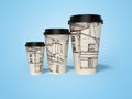 3d rendering of group of disposable paper cups with city texture on blue background with shadow