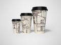 3d rendering of group of disposable paper cups with city texture on gray background with shadow