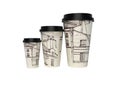 3d rendering of group of disposable paper cups with city texture on white background no shadow