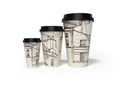 3d rendering of group of disposable paper cups with city texture on white background with shadow