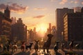 3d rendering of a group of dogs in the city at sunset, A group of dogs enjoys a sunset stroll in the city, featuring dachshunds