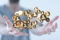 3D rendering of a group of floating goldenpeople icons on a businessman's hand