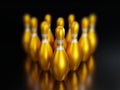 3d rendering-Group of Gold Bowling Pins on black background