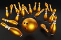 3d rendering-Group of Gold Bowling Pins on black background