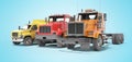 3d rendering group of heavy vehicles for transportation on blue background with shadow