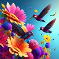 3d rendering of a group of hummingbirds flying over colorful flowers AI generated