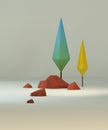 3d rendering group of low poly stylized trees and rocks.