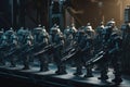 3d rendering of a group of robot soldiers on the conveyor belt, Robot army formation with tactical gears, AI Generated