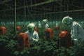 3D rendering of a group of scientists working in a greenhouse, Robots farming fuman, AI Generated