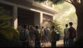3D rendering of a group of tourists with backpacks walking in the jungle
