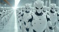 3D rendering of group of white humanoid robots in futuristic setting, showcasing advanced technology and design. scene evokes Royalty Free Stock Photo