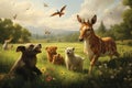 3D rendering of a group of wild animals in a meadow, A cute dog watches a movie on a laptop screen, creating an adorable scene, AI Royalty Free Stock Photo